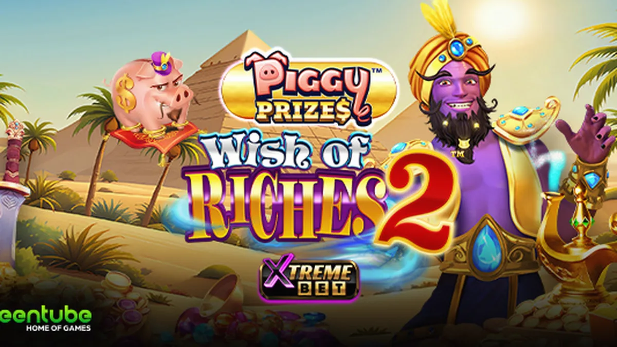 Interface do jogo Piggy Prizes Wish of Riches 2 com elementos visuais brilhantes