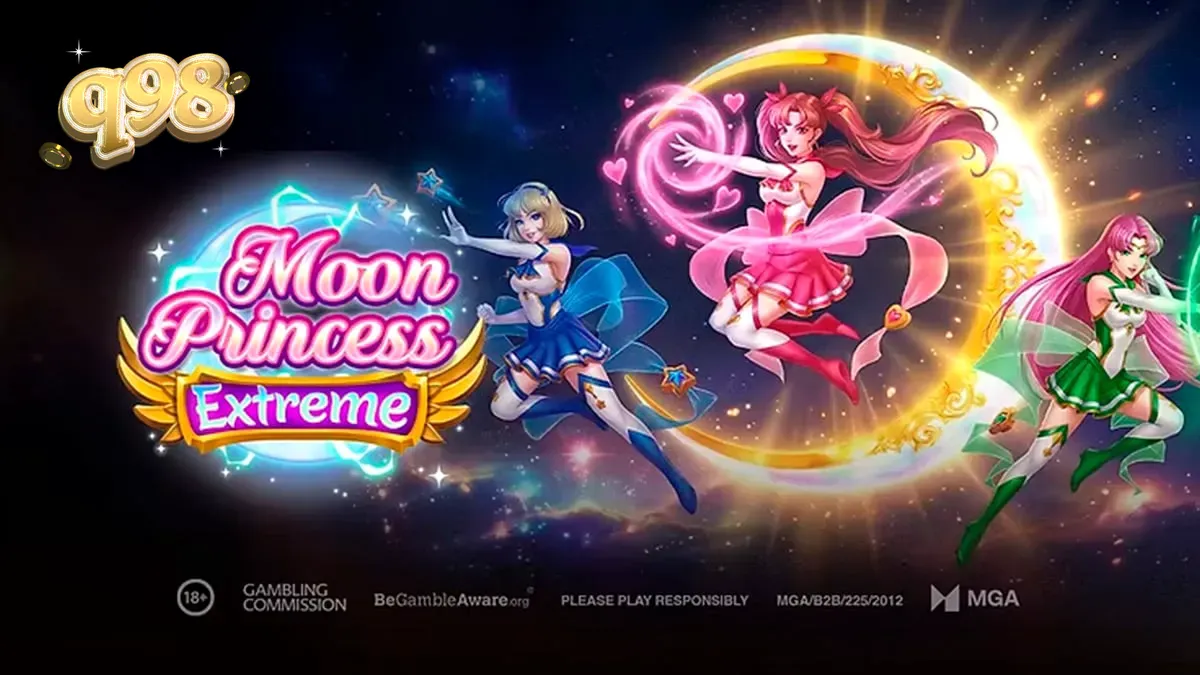 Interface vibrante do jogo Moon Princess Extreme com as personagens Love, Star e Storm.